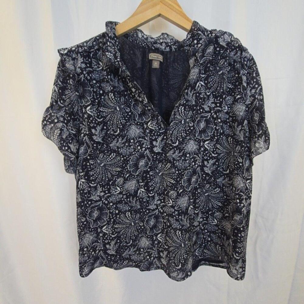 Point Sur Blouse Womens XL Black Floral Ruffle Flutter Sleeve V Neck Top